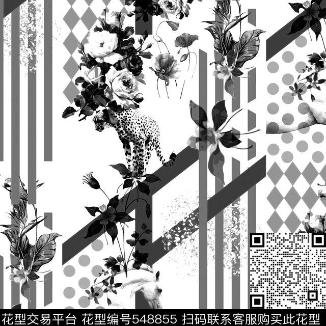 几何花卉动物组合 - 548855 - 几何 花卉动物 - 数码印花花型 － 女装花型设计 － 瓦栏