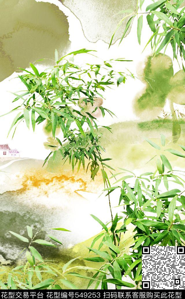 定位水墨画竹子数码印花花型下载（图片编号: 549253） - 瓦栏（Walan）