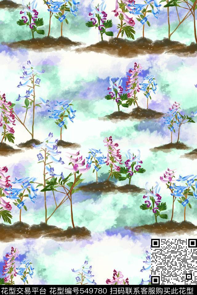 花卉土壤水墨数码印花花型下载（图片编号: 549780） - 瓦栏（Walan）