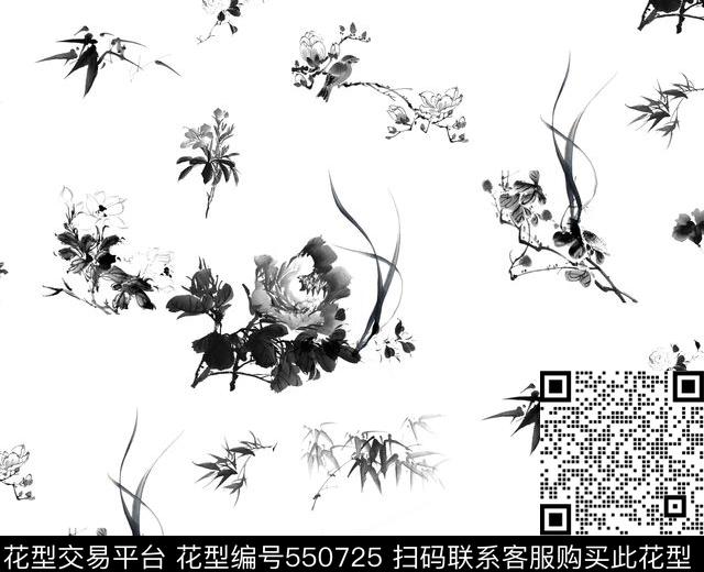 水墨中国风黑白印花 - 550725 - 花卉 水墨 - 传统印花花型 － 女装花型设计 － 瓦栏