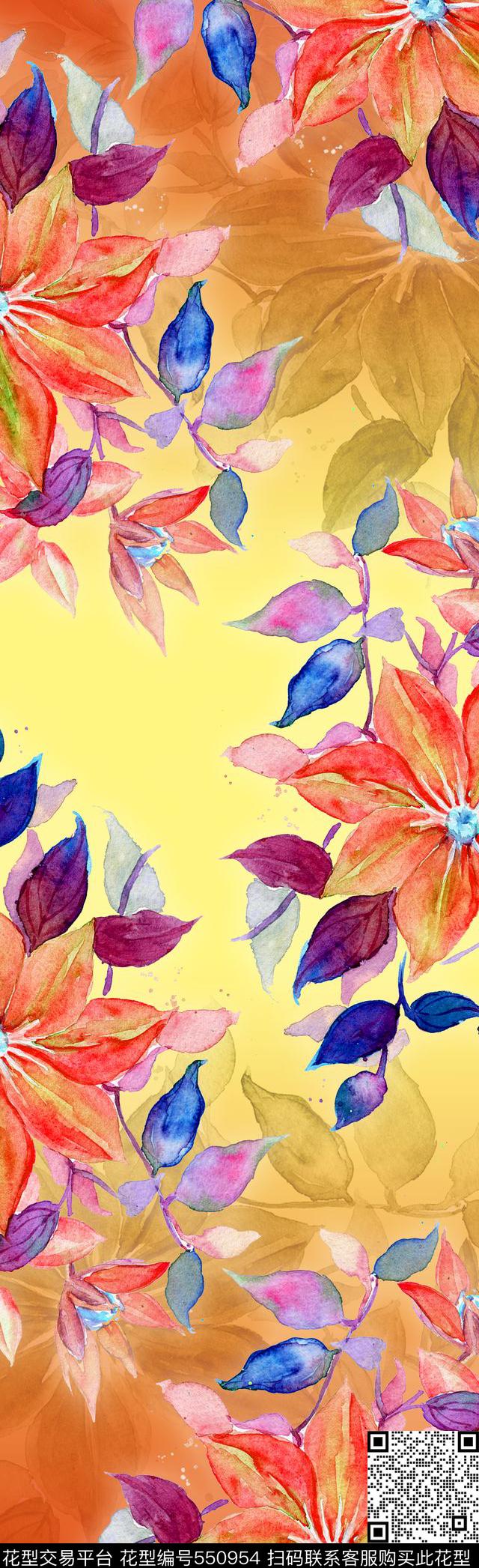 手绘水彩花卉数码印花花型下载（图片编号: 550954） - 瓦栏（Walan）