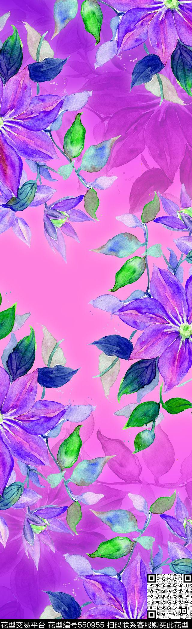手绘水彩花卉数码印花花型下载（图片编号: 550955） - 瓦栏（Walan）