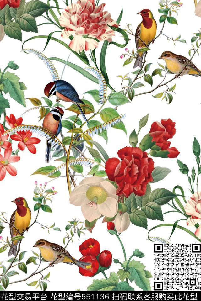 花卉小鸟纯色底数码印花花型下载（图片编号: 551136） - 瓦栏（Walan）