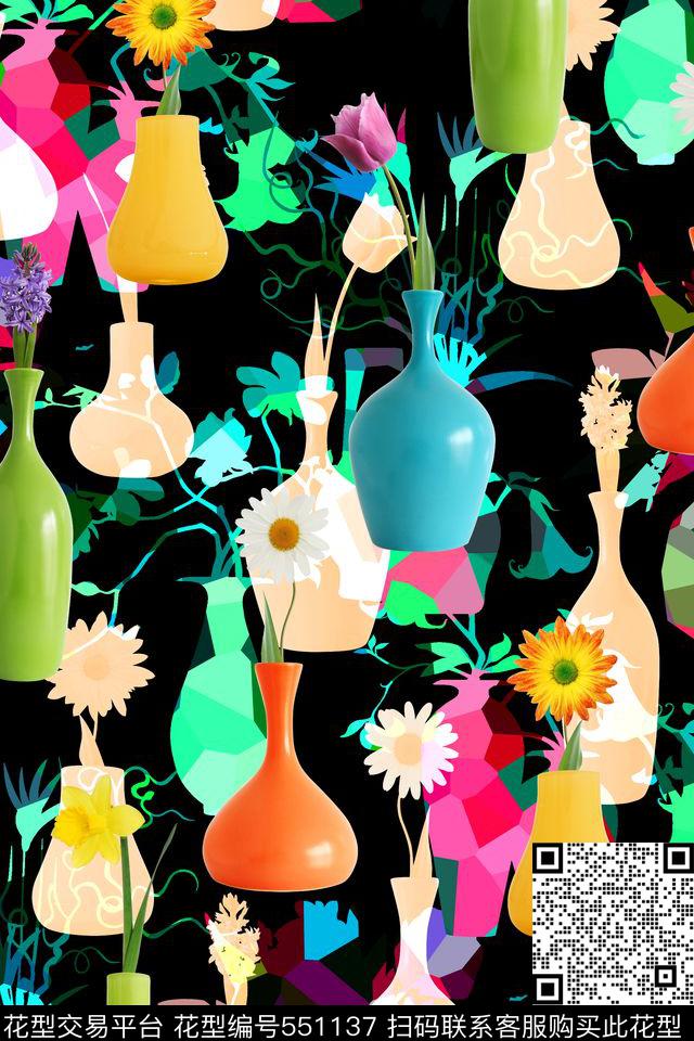 花卉花瓶纯色底数码印花花型下载（图片编号: 551137） - 瓦栏（Walan）