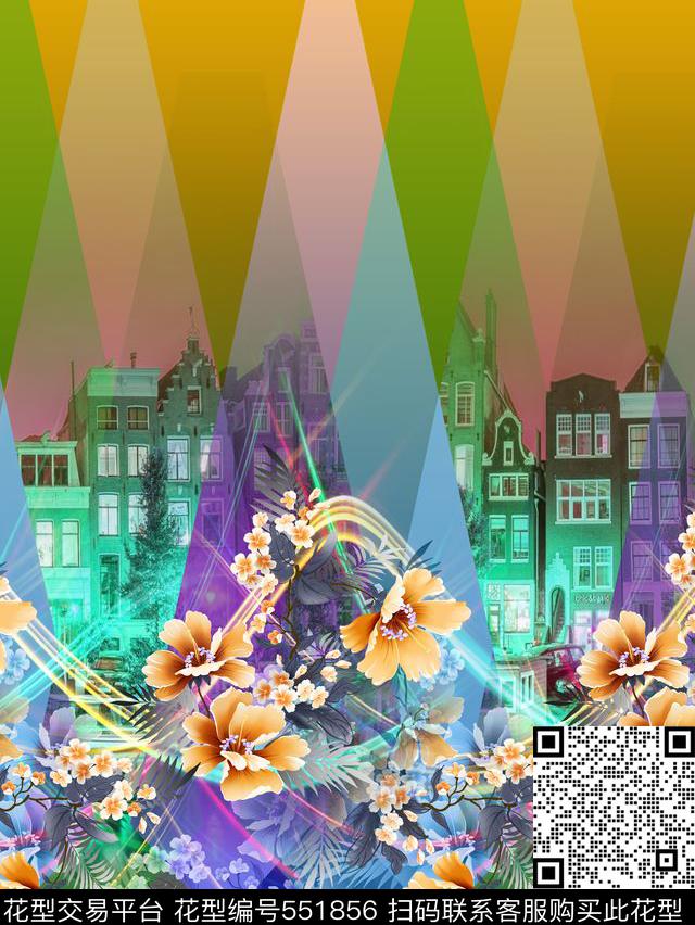 几何花卉城市数码印花花型下载（图片编号: 551856） - 瓦栏（Walan）