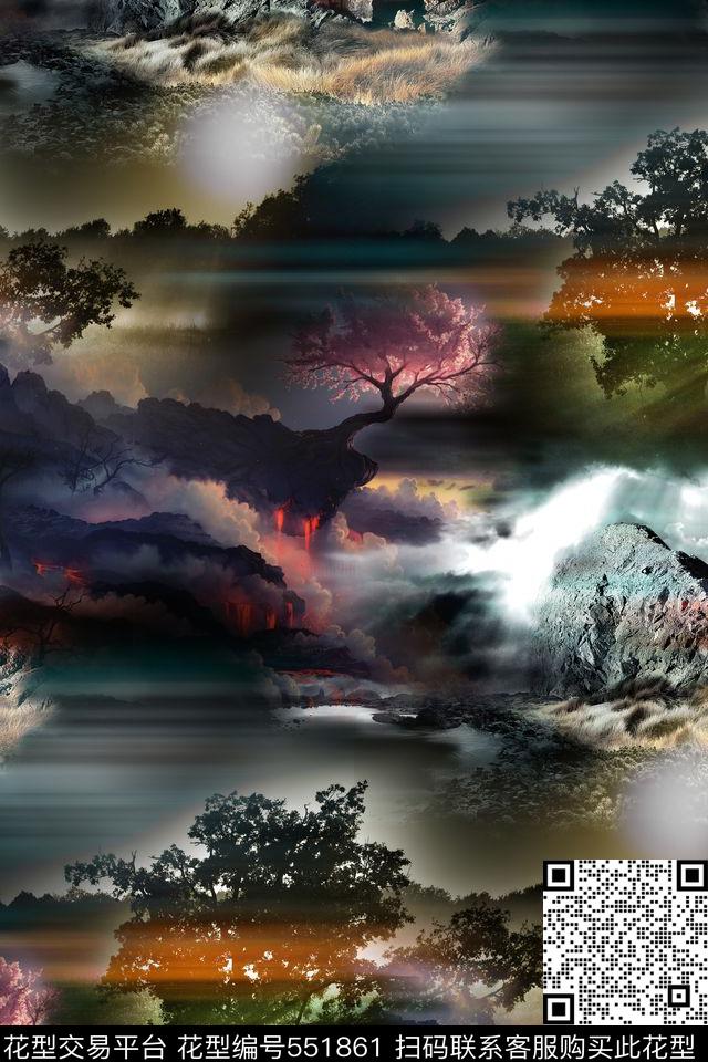 风景照复古云雾数码印花花型下载（图片编号: 551861） - 瓦栏（Walan）
