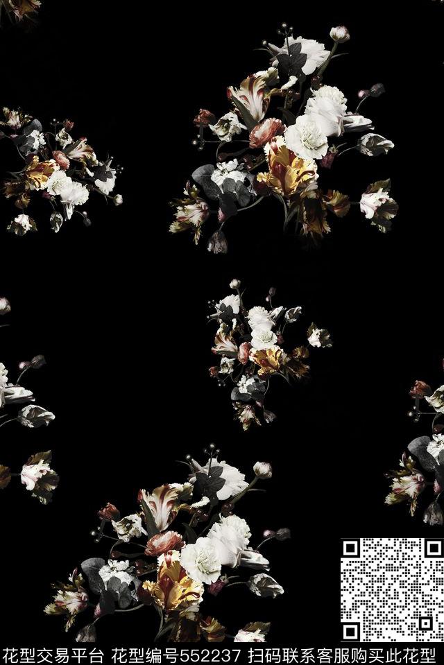 时尚复古黑底数码印花花型下载（图片编号: 552237） - 瓦栏（Walan）