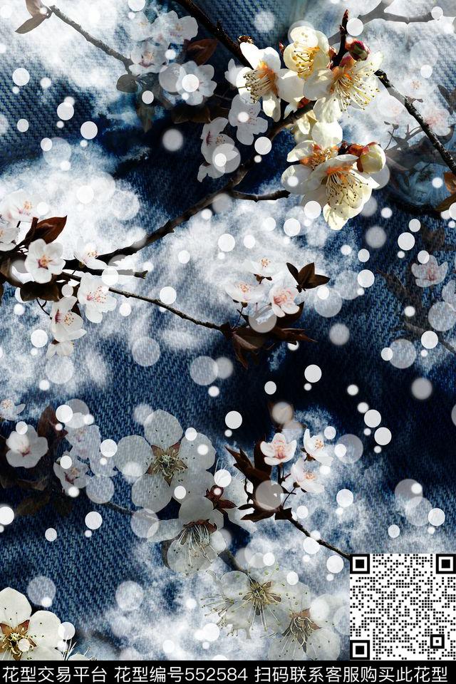 雪中梅花牛仔背景数码印花花型下载（图片编号: 552584） - 瓦栏（Walan）
