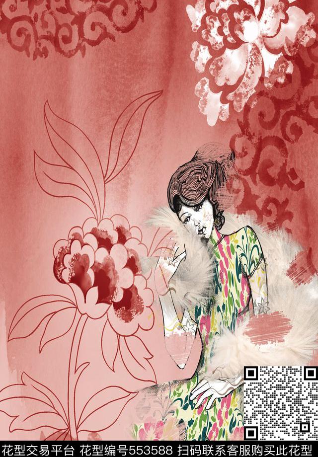 抽像花人物数码印花花型下载（图片编号: 553588） - 瓦栏（Walan）