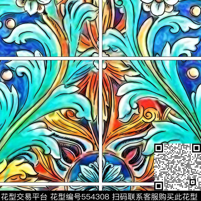 民族风几何花卉数码印花花型下载（图片编号: 554308） - 瓦栏（Walan）