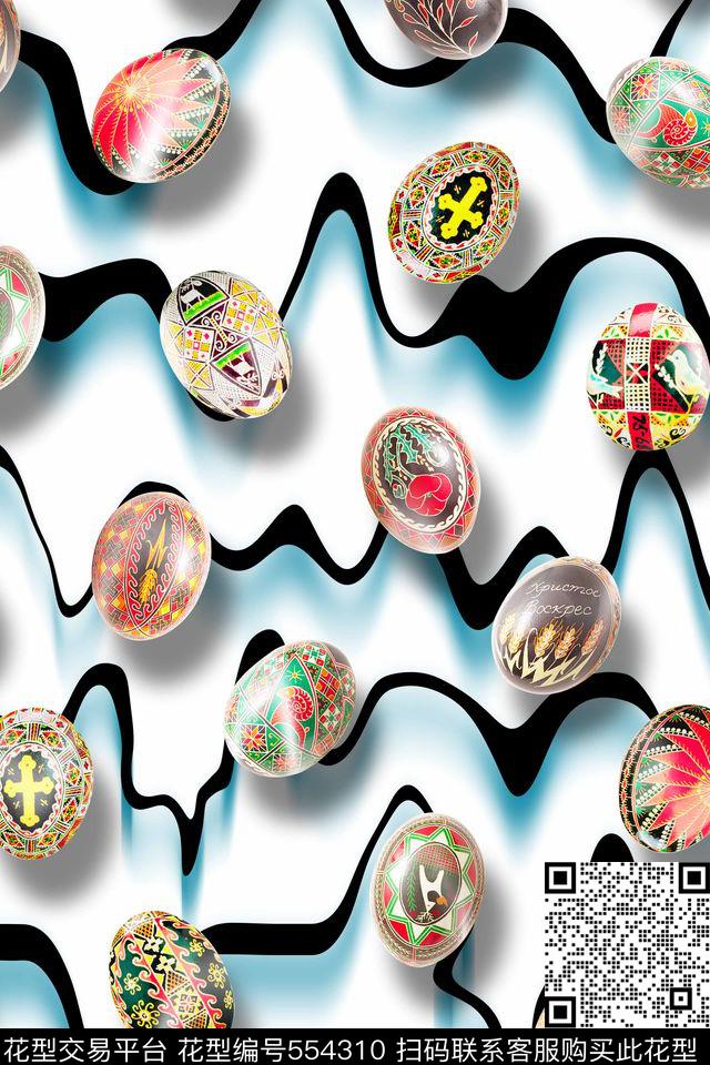 纯色底线条复活节彩蛋数码印花花型下载（图片编号: 554310） - 瓦栏（Walan）