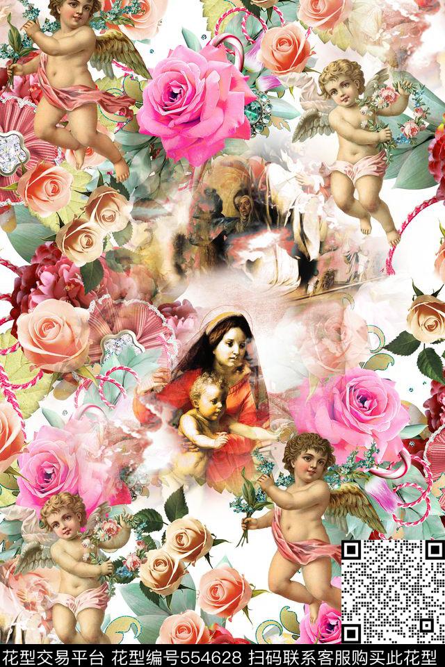 欧式复古宫廷风宗教圣母油画像油画天使花卉抽象肌理大牌女装休闲衬衫礼服数码印花花型下载（图片编号: 554628） - 瓦栏（Walan）