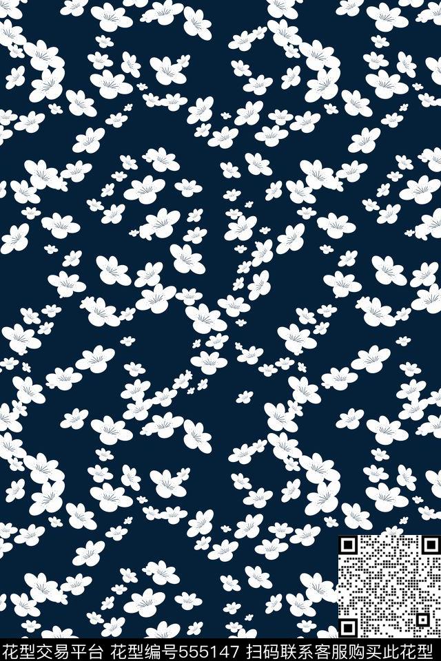 白色创意桃花传统印花花型下载（图片编号: 555147） - 瓦栏（Walan）