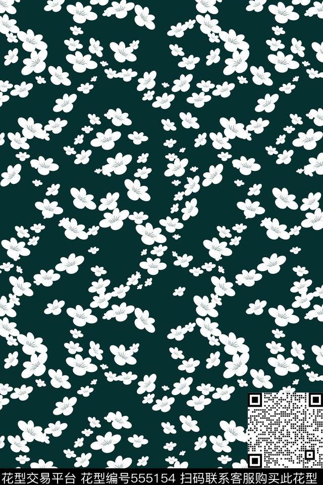 白色创意桃花传统印花花型下载（图片编号: 555154） - 瓦栏（Walan）