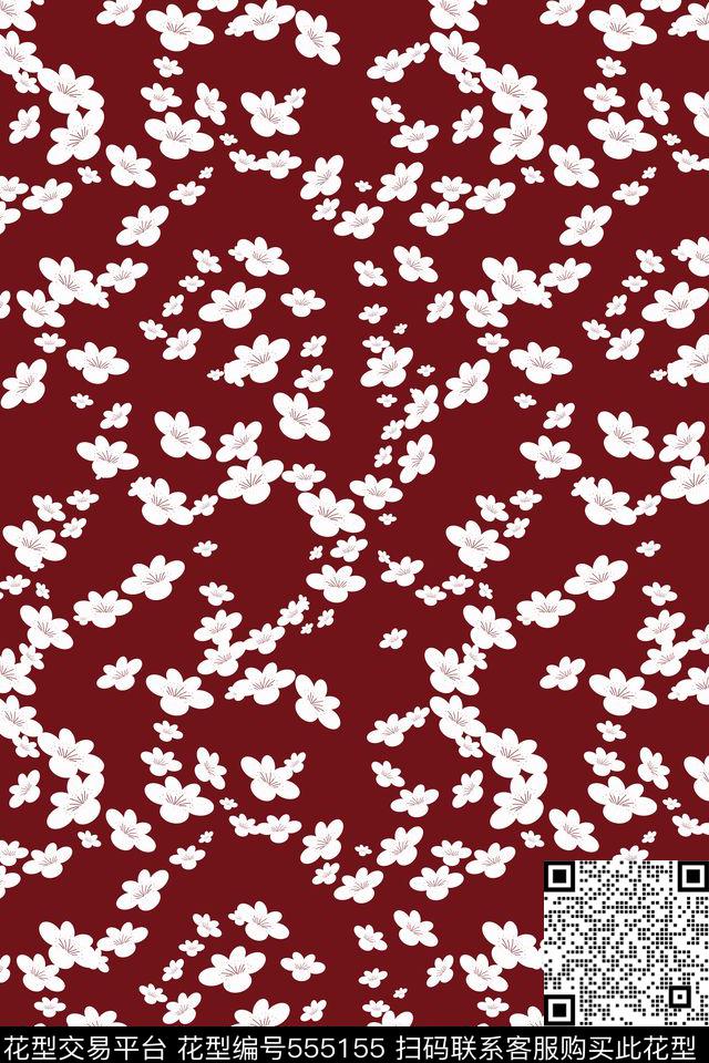 白色创意桃花传统印花花型下载（图片编号: 555155） - 瓦栏（Walan）