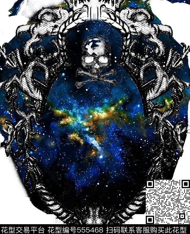 手绘骷髅头星空宇宙巴洛克花边T恤图案 - 555468 - 巴洛克 骷髅头 宇宙星空 - 数码印花花型 － 女装花型设计 － 瓦栏