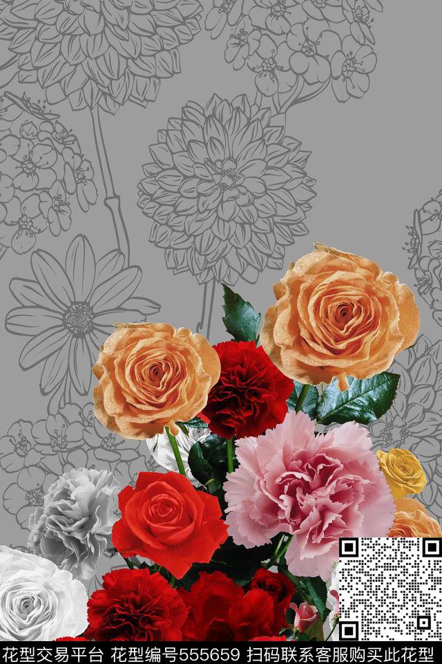 花卉花卉组合玫瑰数码印花花型下载（图片编号: 555659） - 瓦栏（Walan）