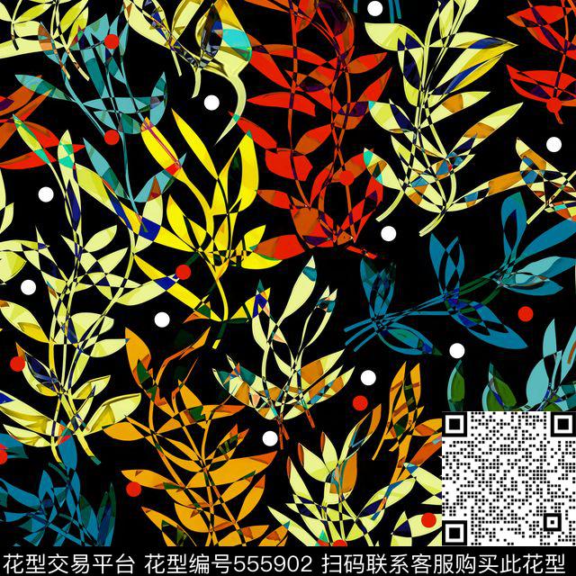 舞动叶子S-艺术花卉/Art数码印花花型下载（图片编号: 555902） - 瓦栏（Walan）