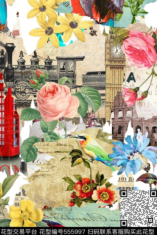 花卉海报火车数码印花花型下载（图片编号: 555997） - 瓦栏（Walan）