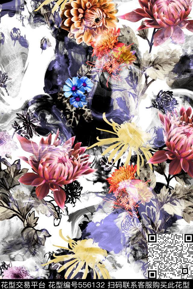 中国风手绘菊花水墨背景数码印花花型下载（图片编号: 556132） - 瓦栏（Walan）