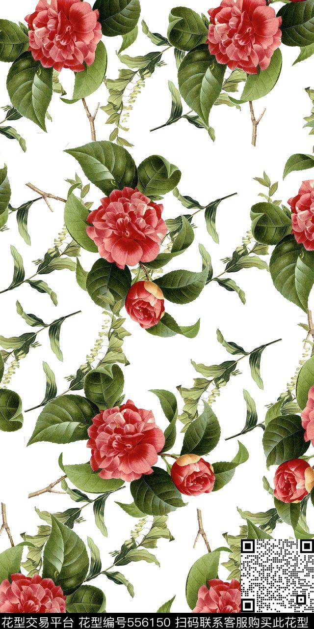 绿叶红花植物 - 556150 - 花朵 花卉 大花 - 数码印花花型 － 女装花型设计 － 瓦栏