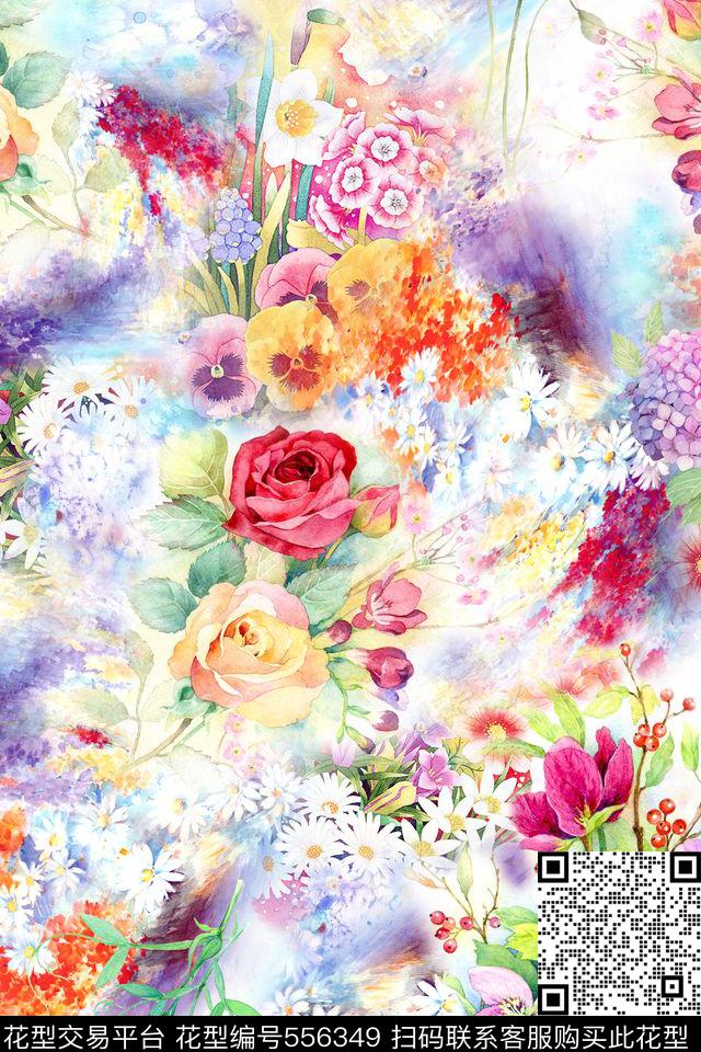 手绘基底水粉花数码印花花型下载（图片编号: 556349） - 瓦栏（Walan）