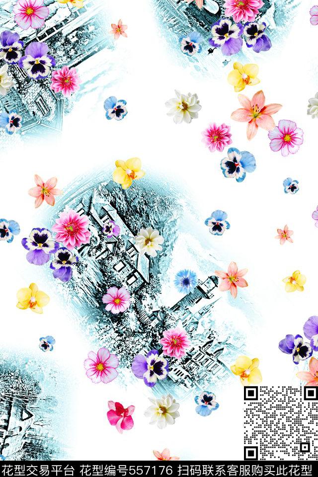 花卉风景纯色底数码印花花型下载（图片编号: 557176） - 瓦栏（Walan）