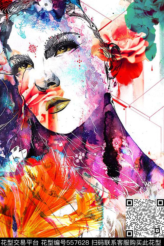 炫彩抽象炫彩抽象人物画花卉玫瑰花精美女装定位图案女士T恤衬衫数码印花花型下载（图片编号: 557628） - 瓦栏（Walan）