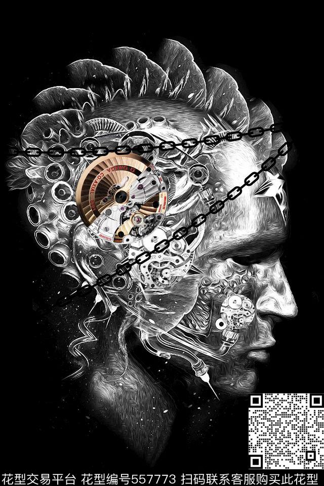抽象男士潮流T恤位图原创大牌骷髅头图案齿轮机芯数码印花花型下载（图片编号: 557773） - 瓦栏（Walan）