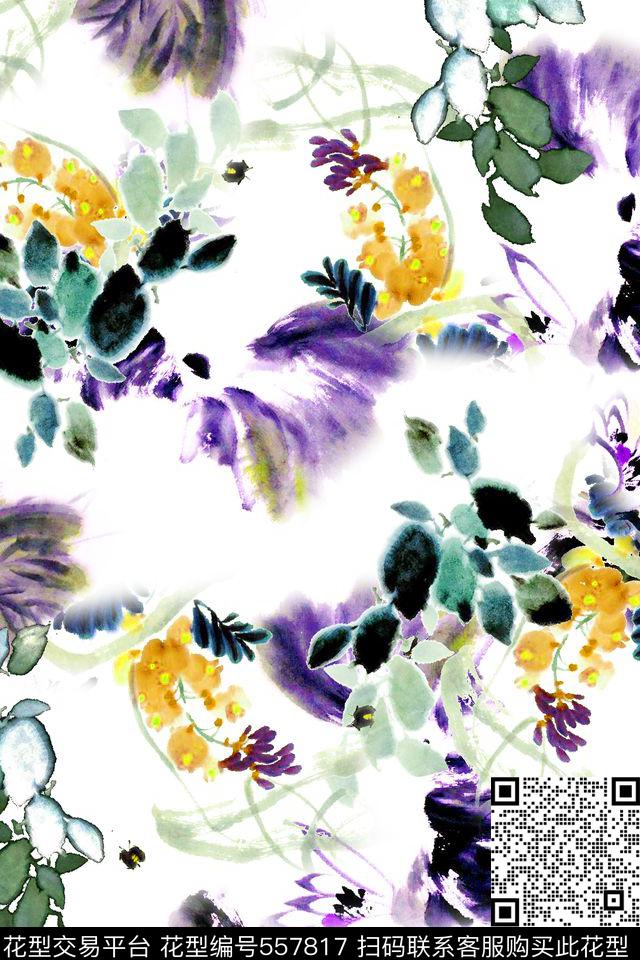 复古水墨画田园风数码印花花型下载（图片编号: 557817） - 瓦栏（Walan）