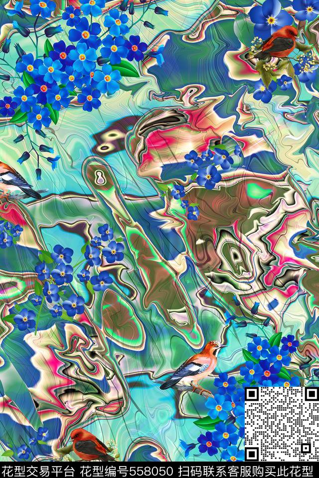 意境复古花鸟数码印花花型下载（图片编号: 558050） - 瓦栏（Walan）