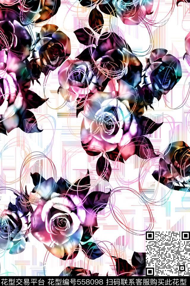 笔触玫瑰条纹数码印花花型下载（图片编号: 558098） - 瓦栏（Walan）