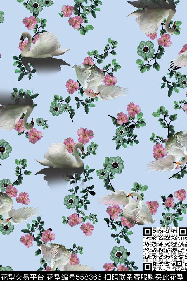 花卉天鹅纯色底数码印花花型下载（图片编号: 558366） - 瓦栏（Walan）