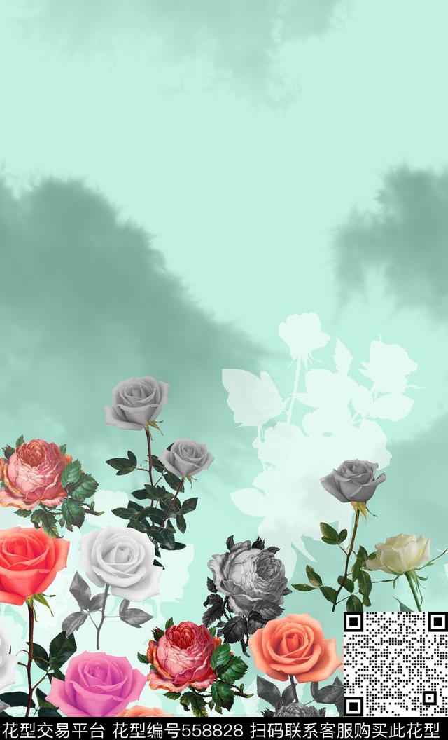 玫瑰时尚定位花型花卉数码印花花型下载（图片编号: 558828） - 瓦栏（Walan）