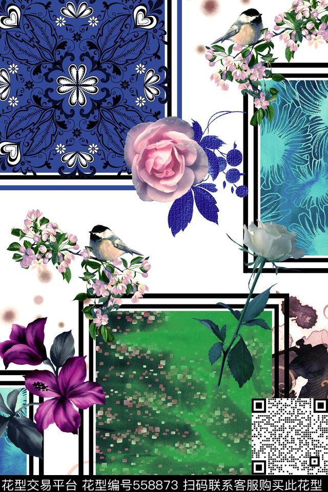 花卉几何纯色底数码印花花型下载（图片编号: 558873） - 瓦栏（Walan）