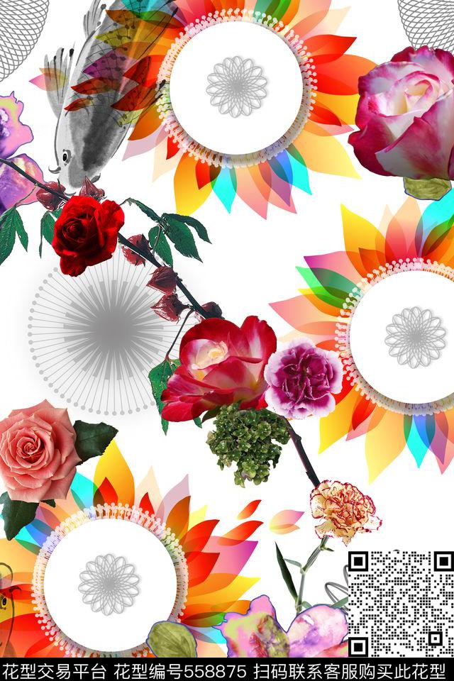 花卉鲤鱼纯色底数码印花花型下载（图片编号: 558875） - 瓦栏（Walan）
