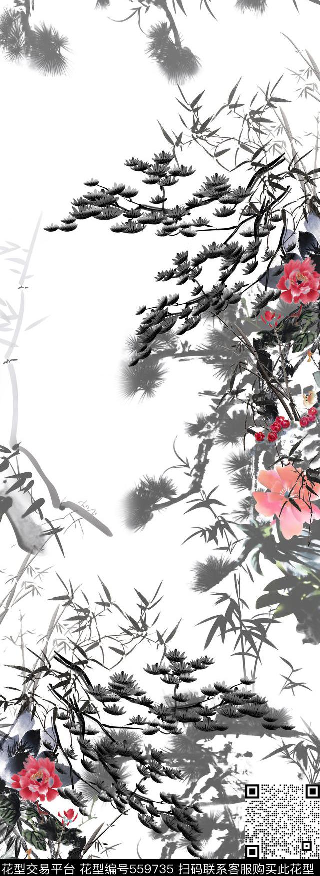 定位竹牡丹数码印花花型下载（图片编号: 559735） - 瓦栏（Walan）