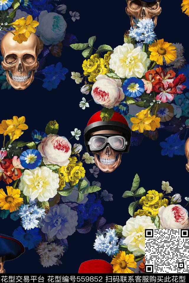 花卉骷髅头层次数码印花花型下载（图片编号: 559852） - 瓦栏（Walan）