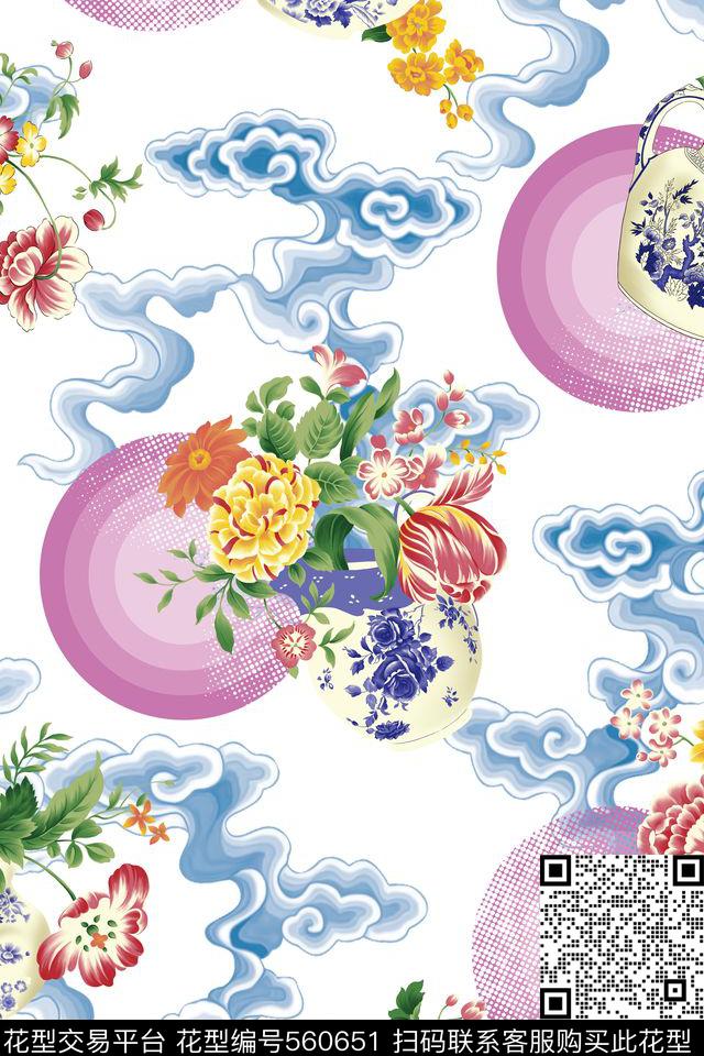 花卉祥云圆数码印花花型下载（图片编号: 560651） - 瓦栏（Walan）