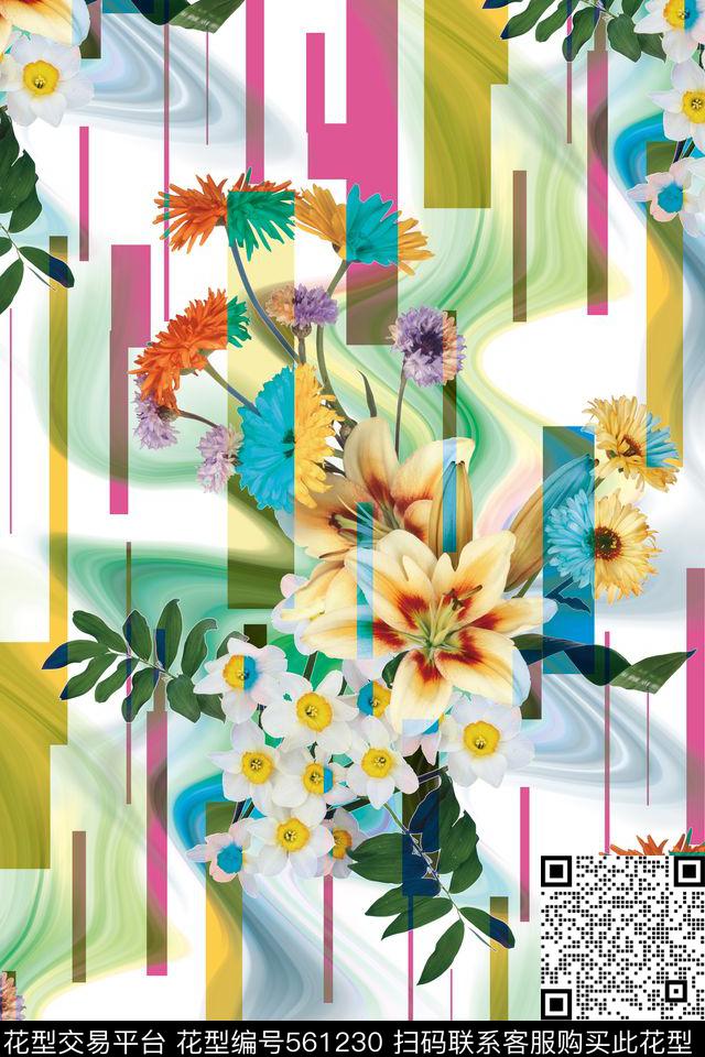 几何花卉水波纹数码印花花型下载（图片编号: 561230） - 瓦栏（Walan）