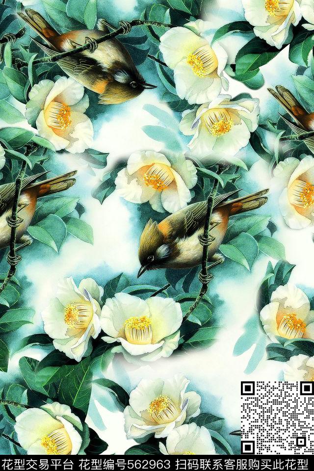 花卉小鸟春色盎然数码印花花型下载（图片编号: 562963） - 瓦栏（Walan）