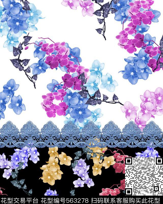 花卉定位蕾丝数码印花花型下载（图片编号: 563278） - 瓦栏（Walan）