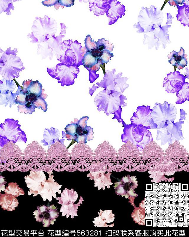 花卉定位蕾丝数码印花花型下载（图片编号: 563281） - 瓦栏（Walan）