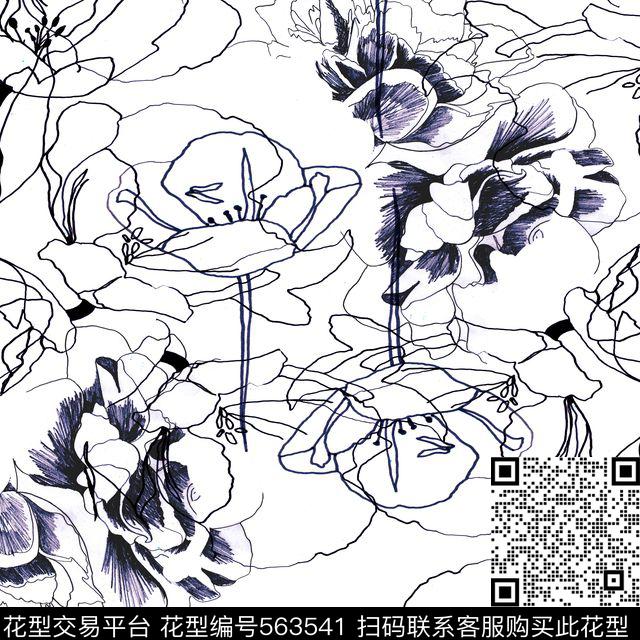 手绘线条花 - 563541 - 抽象 花 几何 - 传统印花花型 － 女装花型设计 － 瓦栏