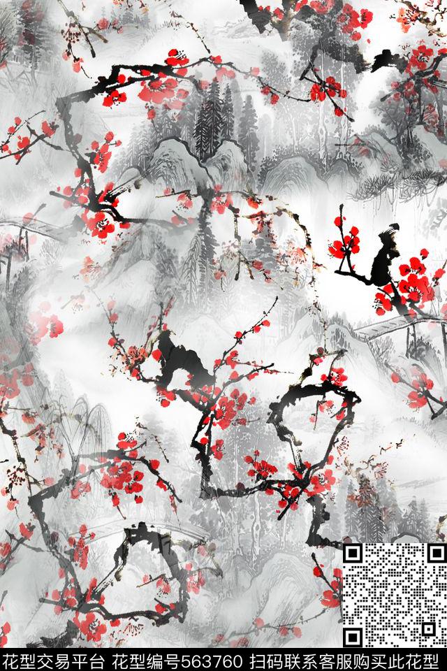 中国风水墨梅花抽象 - 563760 - 中国风 水墨 梅花抽象 - 数码印花花型 － 女装花型设计 － 瓦栏