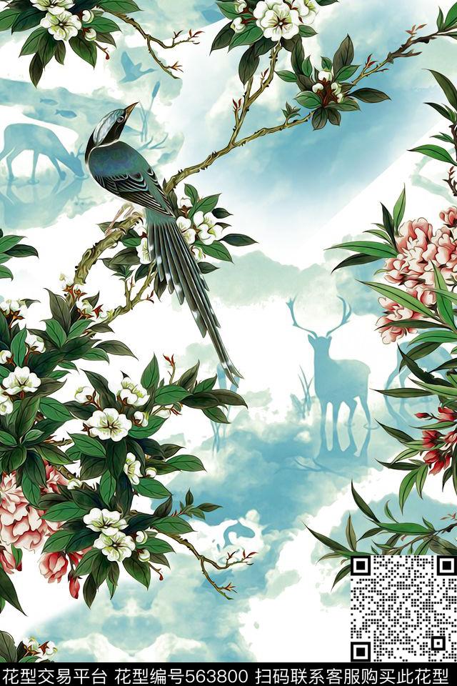 YD中国风001 - 563800 - 工笔画 花卉植物鸟类组合 中国风 - 数码印花花型 － 床品花型设计 － 瓦栏