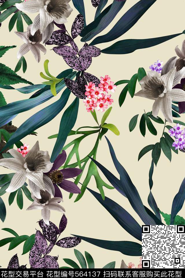 花卉纯色底植物数码印花花型下载（图片编号: 564137） - 瓦栏（Walan）