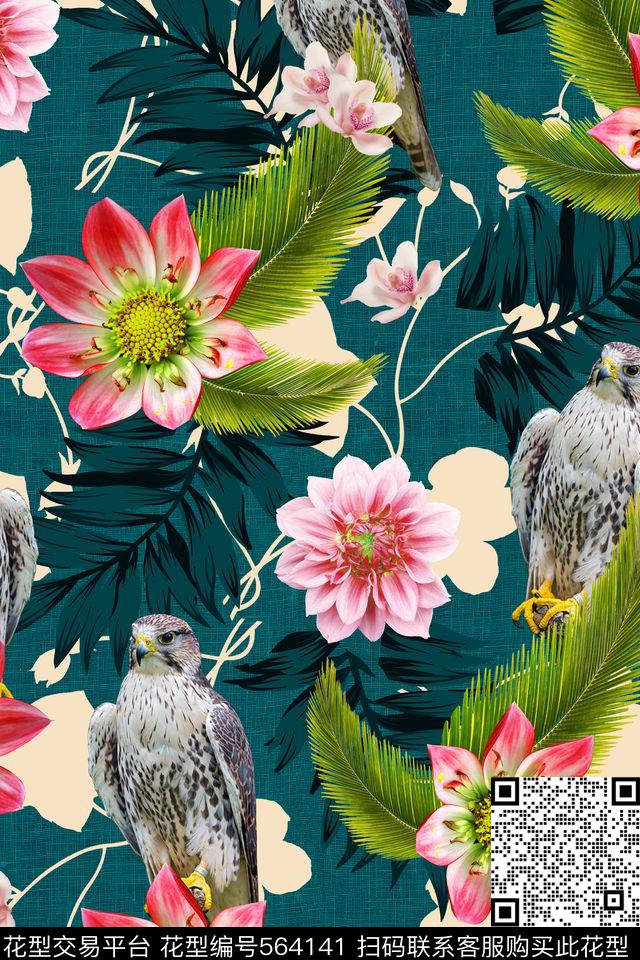 复古花卉小鸟数码印花花型下载（图片编号: 564141） - 瓦栏（Walan）