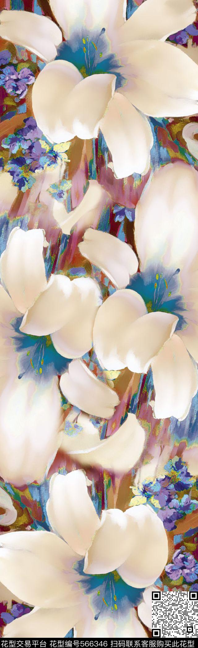 手绘油画百合数码印花花型下载（图片编号: 566346） - 瓦栏（Walan）