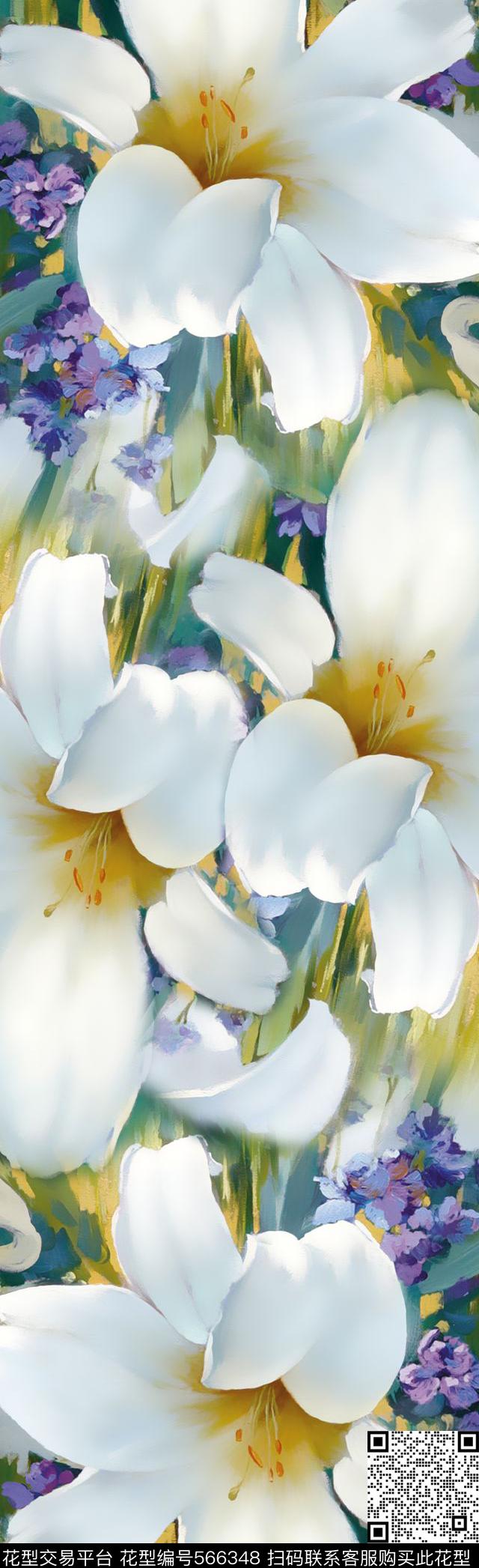 手绘油画百合数码印花花型下载（图片编号: 566348） - 瓦栏（Walan）